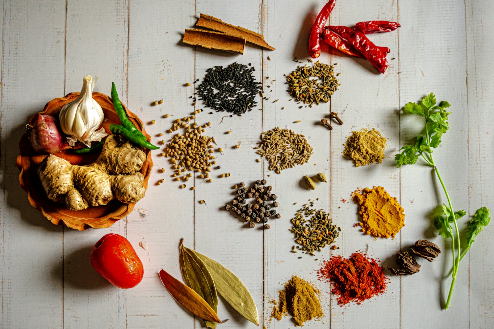 Indian spices — turmeric, chilli, cumin, cinnamon and herbs arranged on a table